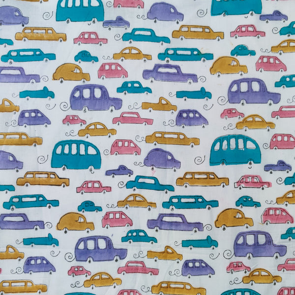 Pre-cut ( 1.35 Meter ) Pure Cotton Jaipuri White With Teal Mustard Pink Cars Hand Block Print Fabric