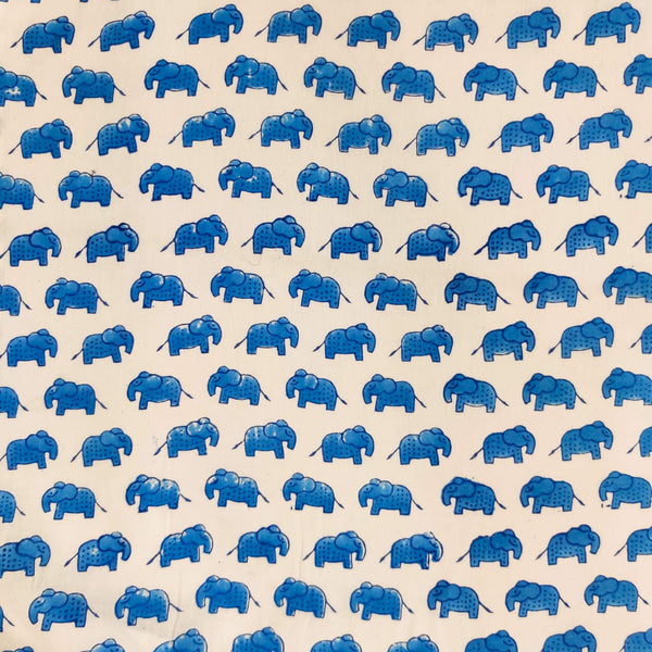 Pure Cotton Jaipuri White With Tiny Blue Baby Elephant Hand Block Print blouse Fabric  ( 1.19 meter )