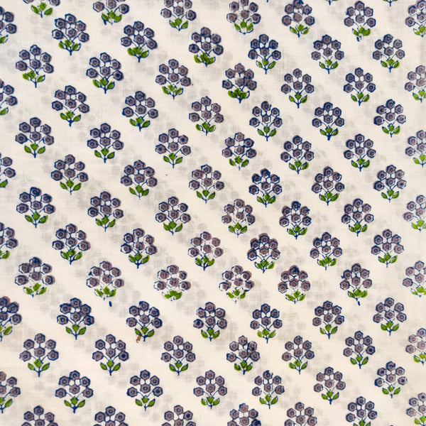 Pure Cotton Jaipuri White With Tiny Purple Flower Plant Hand Block Print Blouse Fabric ( 1 Meter )