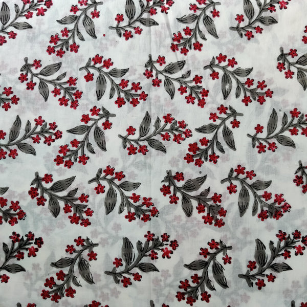 Pure Cotton Jaipuri White With Tiny Red And Grey Flowers Hand Block Print Blouse Piece Fabric ( 1 meter)