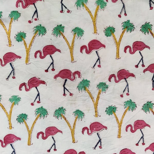 Pure Cotton Jaipuri White With Tropical Flamingo Hand Block Print Blouse Fabric ( 80 CM )