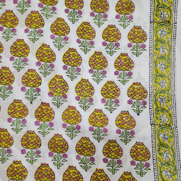 Pure Cotton Jaipuri White With Yellow Mustard Bud Motifs Hand Block Print Fabric