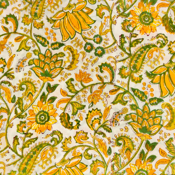 Pure Cotton Jaipuri With Yellow And Green Flower Jaal Hand Block Print Fabric