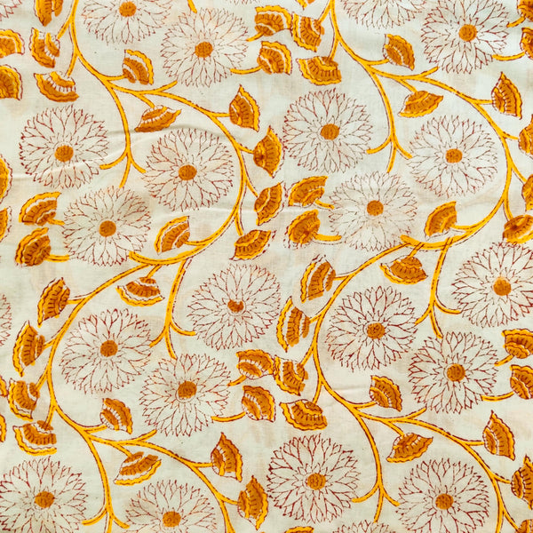 Pure Cotton Jaipuri With Yellow Floral Jaal Hand Block Print Fabric