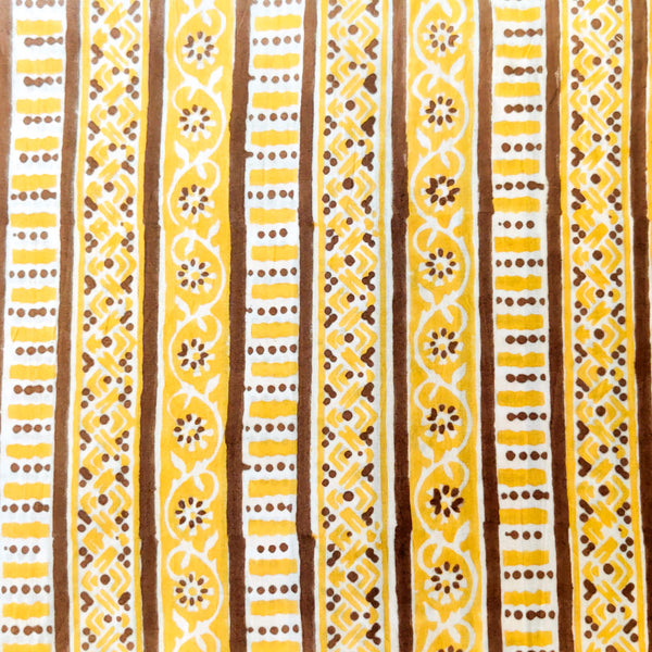 Pure Cotton Jaipuri Yellow And Brown Multi Pattern Border Hand Block Print Fabric