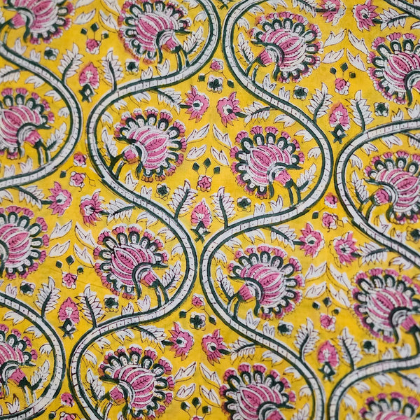 Pure Cotton Jaipuri Yellow And  Pink Flower With Green Creeper Hand Block Print Fabric