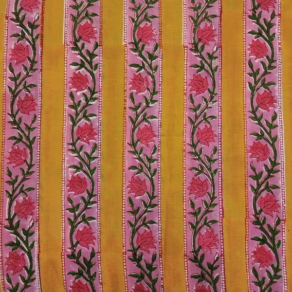 Pure Cotton Jaipuri Yellow And Pink  Jaal Alternate Border Hand Block Print Fabric