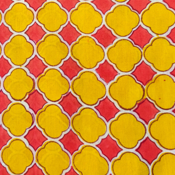 Pure Cotton Jaipuri Yellow And Pink Tile Hand Block Print Fabric