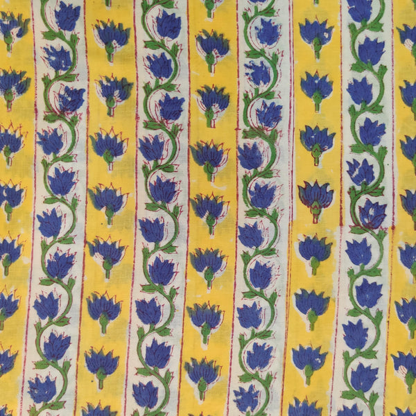 Pure Cotton Jaipuri Yellow And White Stripes With Blue Creeper And Flower Motif Hand Block Print Fabric