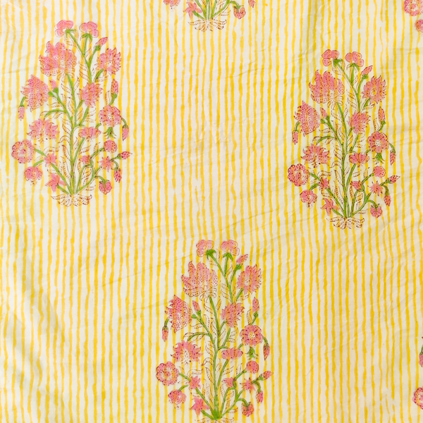 Pure Cotton Jaipuri Yellow Stripes With Mughal Motif Hand Block Print Fabric