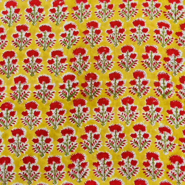 Pure Cotton Jaipuri Yellow WIth Small Maroon Dahlia Hand Block Print Fabric