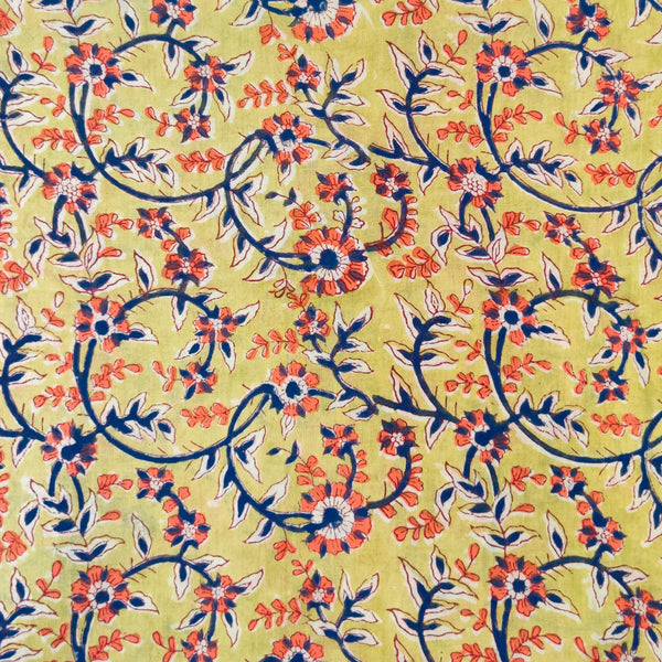 Pure Cotton Jaipuri Yellow With Blue And Orange Flower Jaal Hand Block Print Fabric