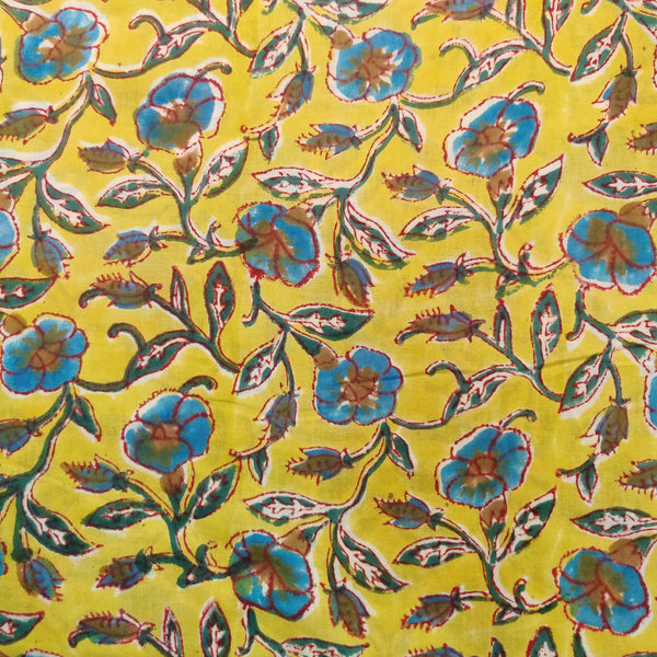 Pure Cotton Jaipuri Yellow With Blue Floral Jaal Hand Block Print Fabric