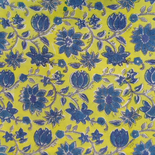 Pure Cotton Jaipuri Yellow With Blue Wild Floral Jaal Hand Block Print Fabric