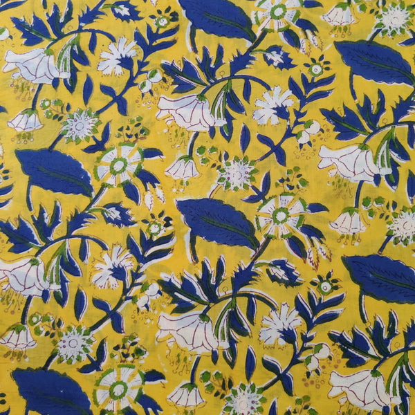 Pure Cotton Jaipuri Yellow With Blue Wild Jaal Hand Block Print Fabric