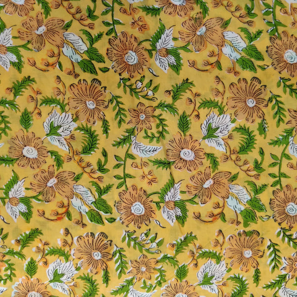 Pure Cotton Jaipuri Yellow With Brown Green White Jaal Hand Block Print Fabric