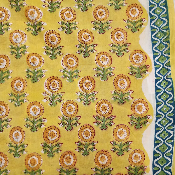 Pure Cotton Jaipuri Yellow With Brown Mustard Single Flower Plant Hand Block Print Fabric