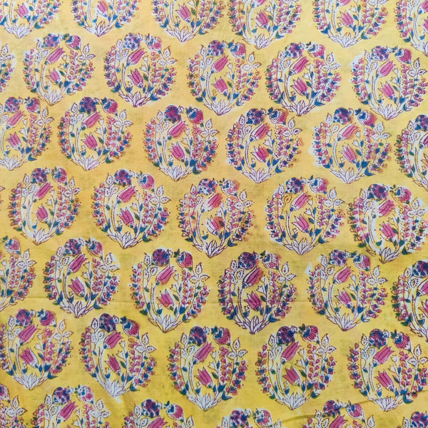 Pure Cotton Jaipuri Yellow With Complex Floral Motif Hand Block Print Fabric