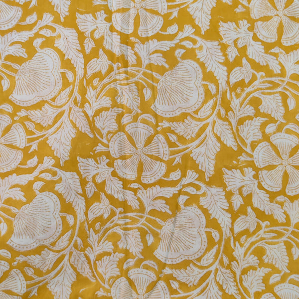 Pure Cotton Jaipuri Yellow With Cream Floral Jaal Hand Block Print Fabric-