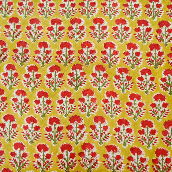 Pure Cotton Jaipuri Yellow With Dahlia Hand Block Print Fabric