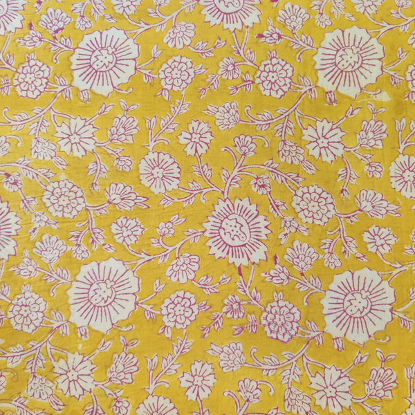 Pure Cotton Jaipuri Yellow With Floral Jaal Hand Block Print Fabric