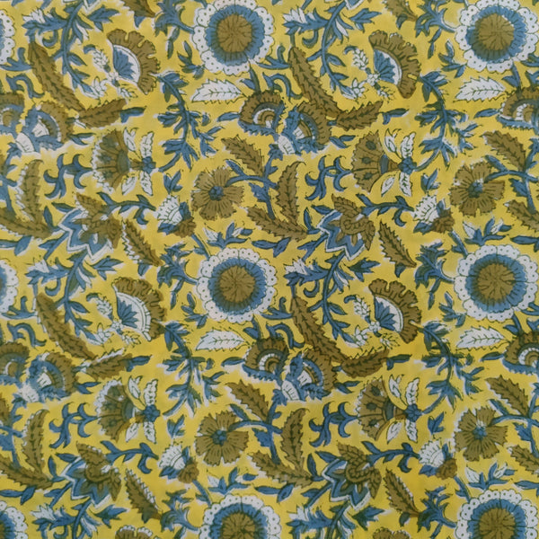 Pure Cotton Jaipuri Yellow With Green Cream And Blue Jaal Hand Block Print Fabric