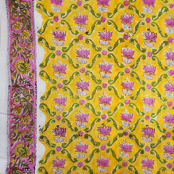 Pure Cotton Jaipuri Yellow With Green Jaali And Pink Lotus Hand Block Print Fabric