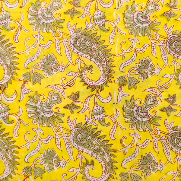 Pure Cotton Jaipuri Yellow With Green Kairi Jaal Hand Block Print Fabric