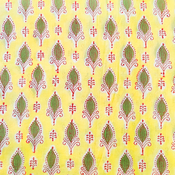 Pure Cotton Jaipuri Yellow With Green Motifs Hand Block Print Fabric