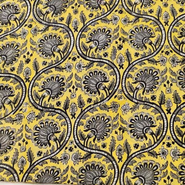 Pure Cotton Jaipuri Yellow With Grey Floral Jaal Hand Block Print Fabric