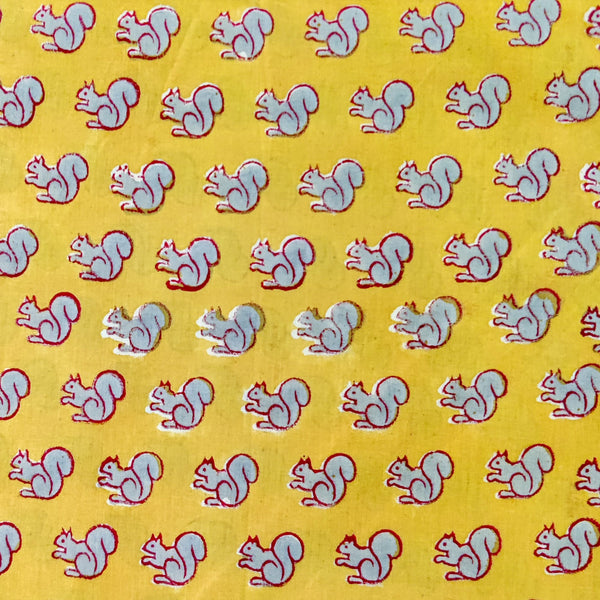 Pure Cotton Jaipuri Yellow With Grey Squirrel Hand Block Print Fabric