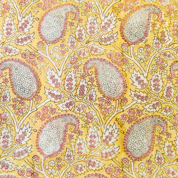 Pure Cotton Jaipuri Yellow With Kairi Jaal Hand Block Print Fabric