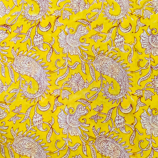 Pure Cotton Jaipuri Yellow With Kairi Jaal Hand Block Print Fabric