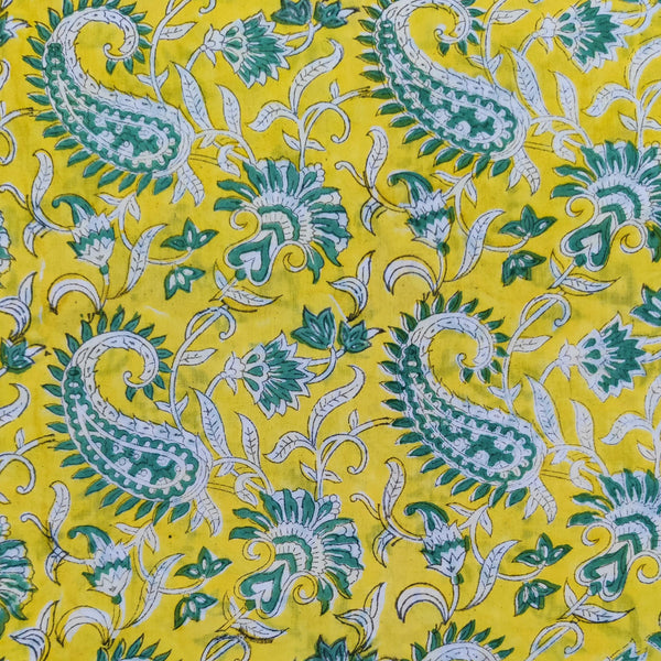 Pure Cotton Jaipuri Yellow With Long Kairi Jaal Hand Block Print Fabric