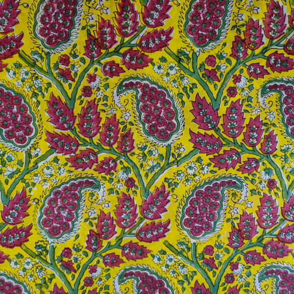 Pure Cotton Jaipuri Yellow With Maroon Kairi Jaal Hand Block Print Fabric