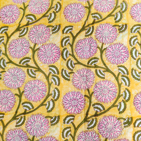 Pure Cotton Jaipuri Yellow With Marrigold Jaal Hand Block Print Fabric