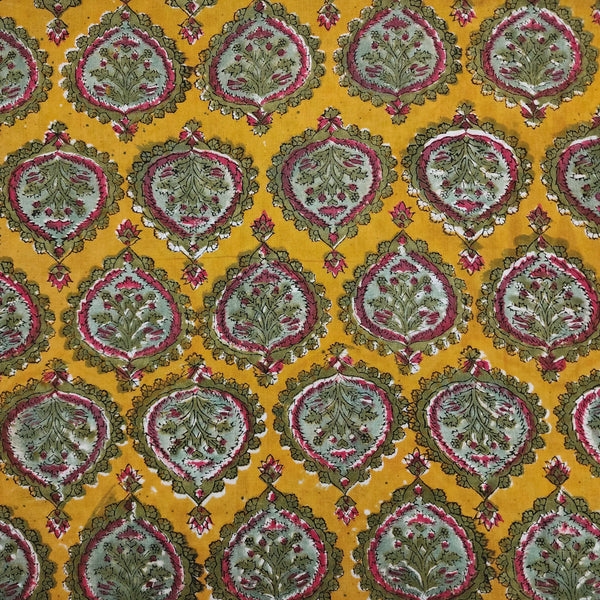 Pure Cotton Jaipuri Yellow With Mehendi Motif Hand Block Print Fabric