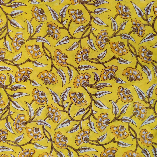 Pure Cotton Jaipuri Yellow With Mustard And Brown Jaal Hand Block Print Fabric