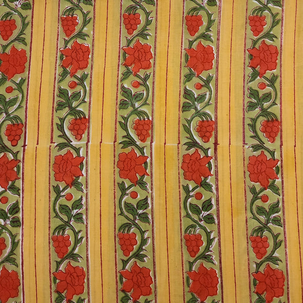 Pure Cotton Jaipuri Yellow With Orange And Green Floral And Grapes Jaal Border Hand Block Print Fabric