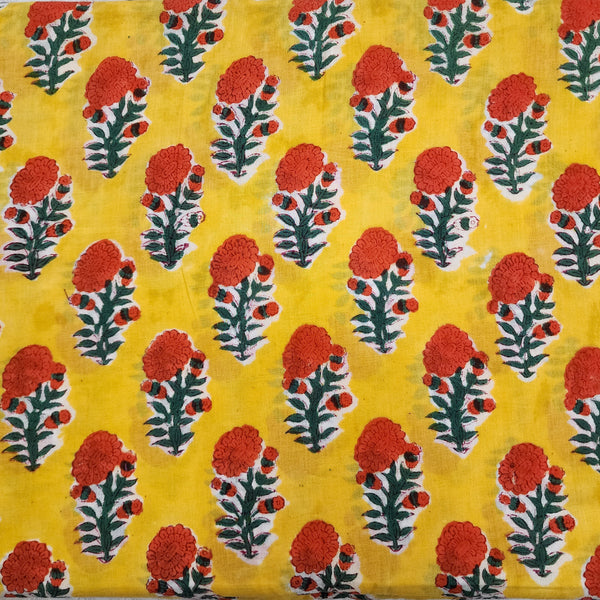 Pure Cotton Jaipuri Yellow With Orange Dahlia Flowers Hand Block Print Fabric