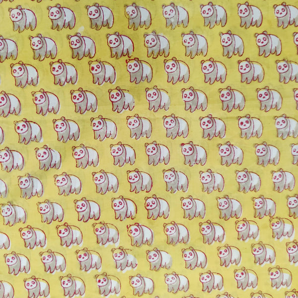 Pure Cotton Jaipuri Yellow With Panda Hand Block Print Fabric