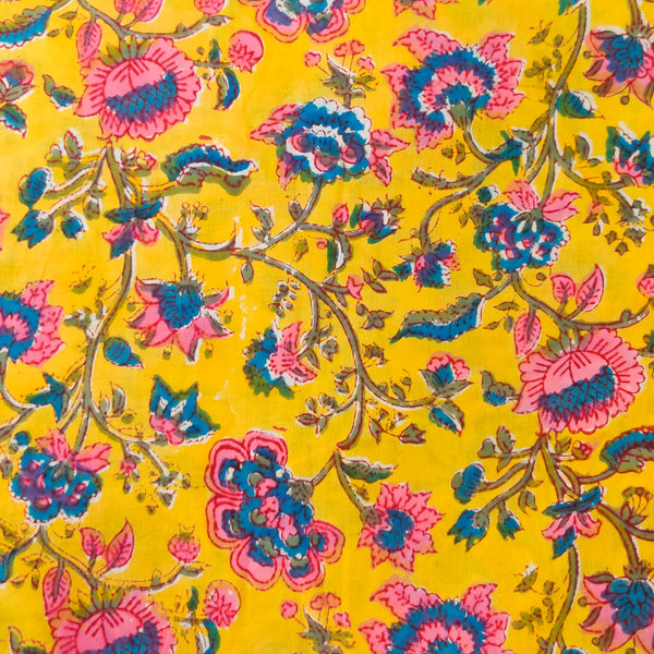 Pure Cotton Jaipuri Yellow With Pink And Blue Floral Jaal Hand Block Print Fabric