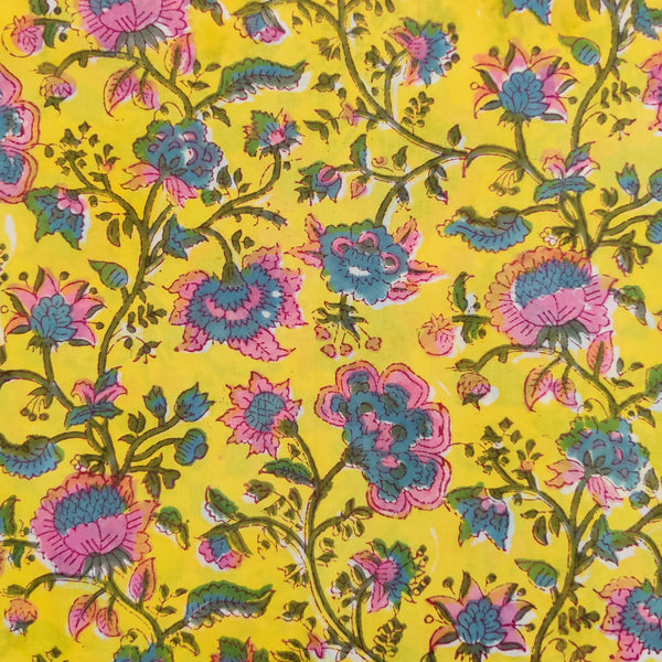 Pure Cotton Jaipuri Yellow With Pink And Blue Flower Jaal Hand Block Print Fabric