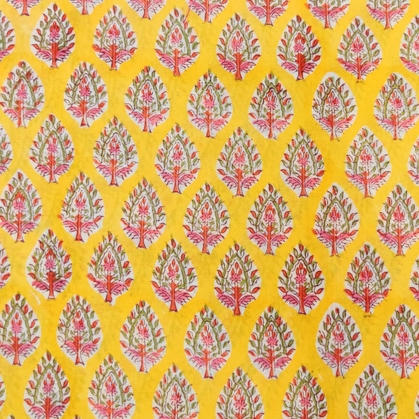 Pure Cotton Jaipuri Yellow With Pink And Green Motifs Hand Block Print Fabric