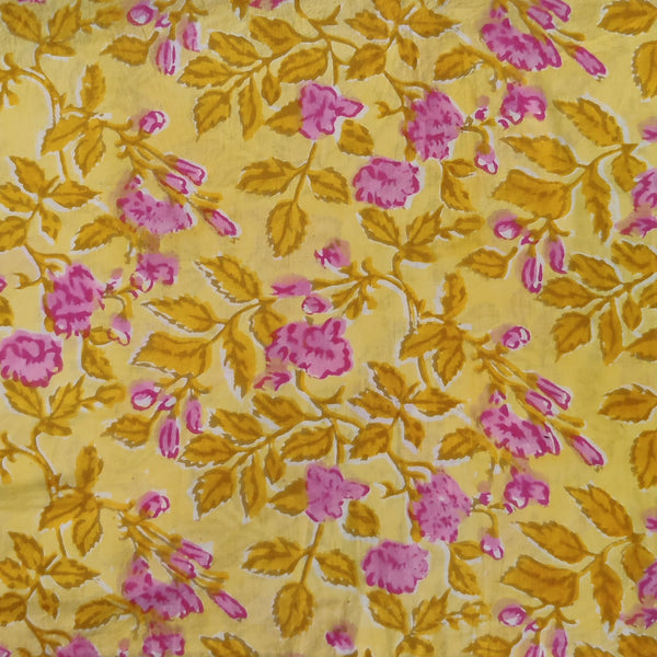 Pure Cotton Jaipuri Yellow With Pink And Mustard Jaal Hand Block Print Fabric