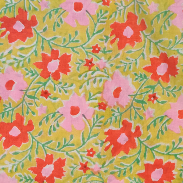 Pure Cotton Jaipuri Yellow With Pink And Orange Floral Jaal Hand Block Print Fabric