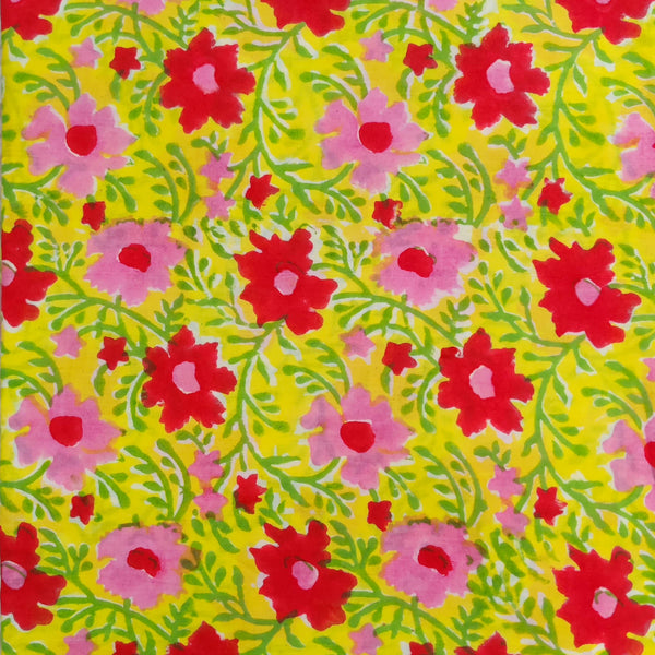 Pure Cotton Jaipuri Yellow With Pink And Orange Flower Jaal Hand Block Print Fabric