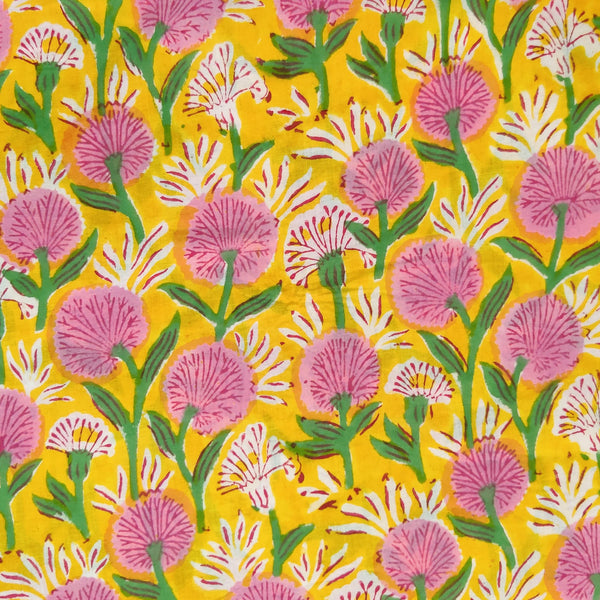 Pure Cotton Jaipuri Yellow With Pink And White Floral Garden Hand Block Print Fabric