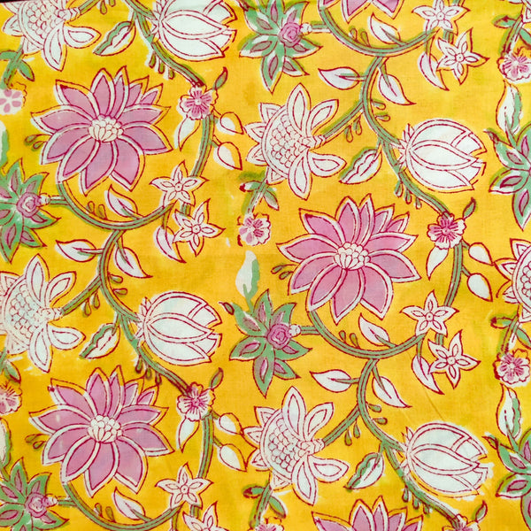 Pure Cotton Jaipuri Yellow With Pink And White Wild Jaal Hand Block Print Fabric