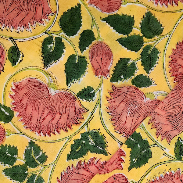 Pure Cotton Jaipuri Yellow With Pink Big Wild Flowers Jaipuri Hand Block Print